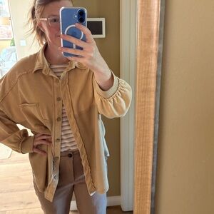 AEMI + CO | Mellow Mustard Colored Oversized Shacket, Distressed Hem, fits M/L